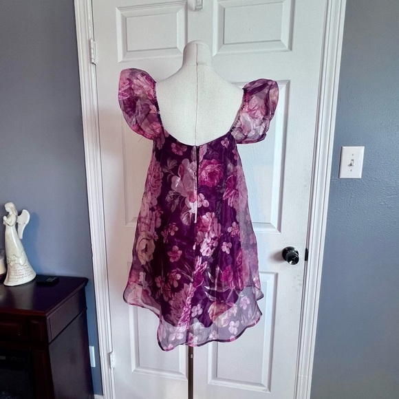 Lulus NWT Flair Wine Red Floral Organza Puff Sleeve Baby Doll Shift Mini Dress S - Picture 6 of 11